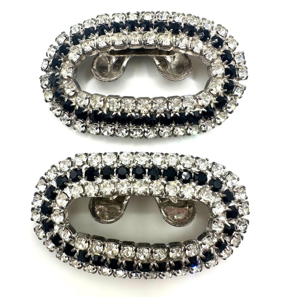 Musi vintage signed set of 2 silver tone black clear rhinestones shoe clips